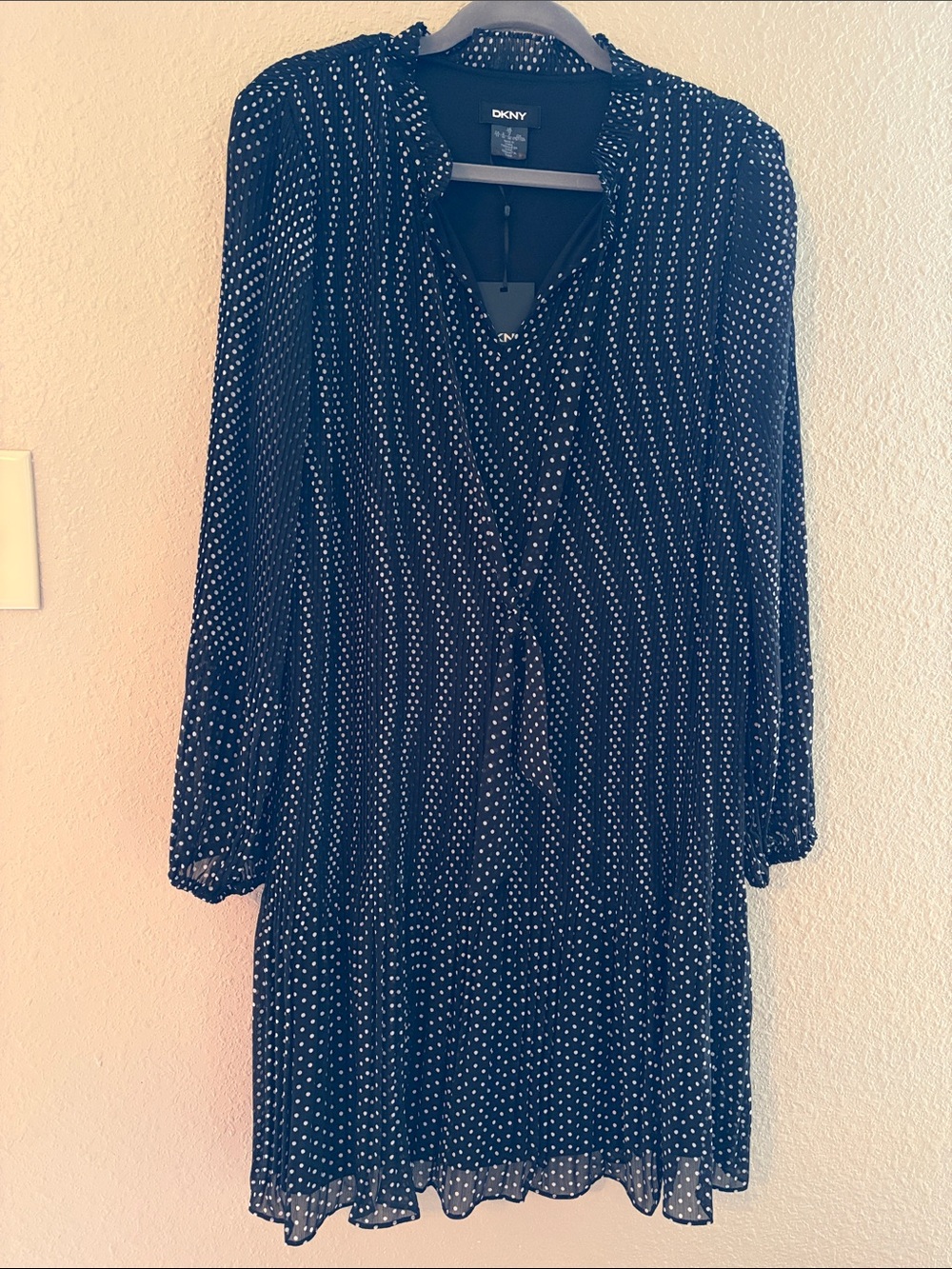 DKNY Black Polka Dot Long Sleeve V-Neck Dress